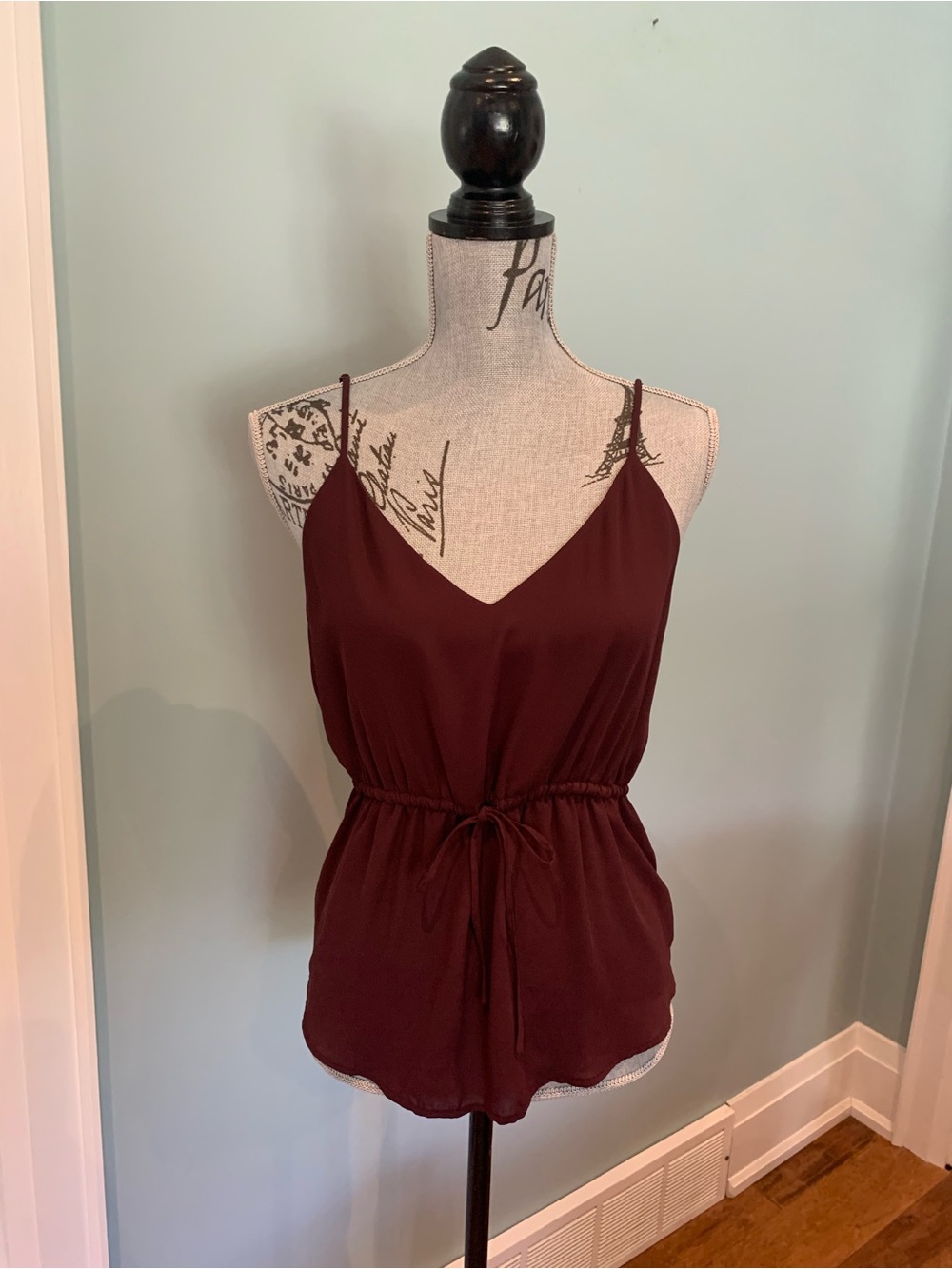 Womens Burgundy V-Neck Drawstring Cami Top